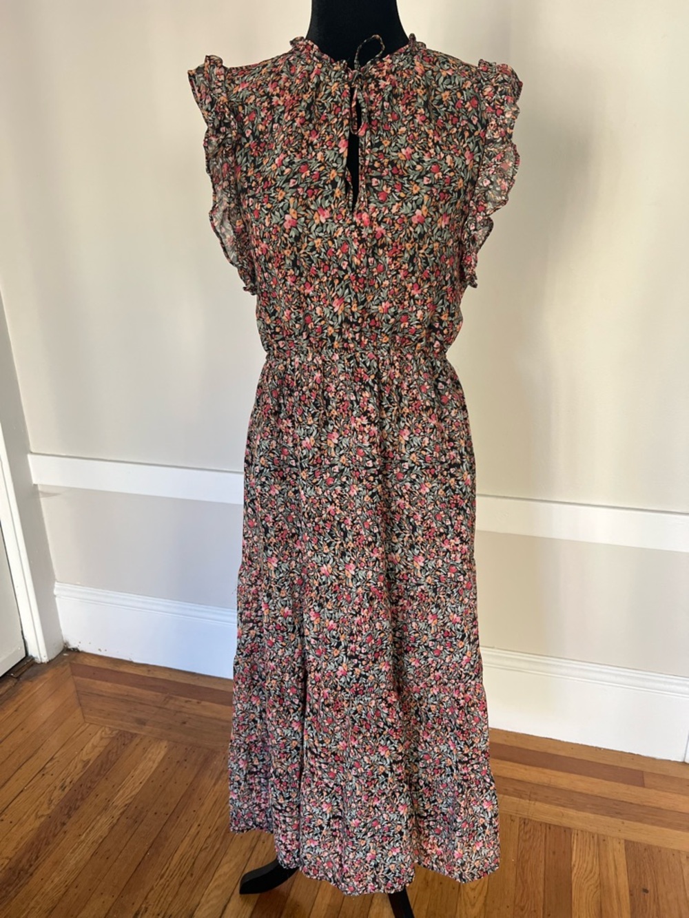 BB Dakota Steve Madden Colorful Boho Flowy Floral Ruffle Sleeve Maxi Dress Sz M